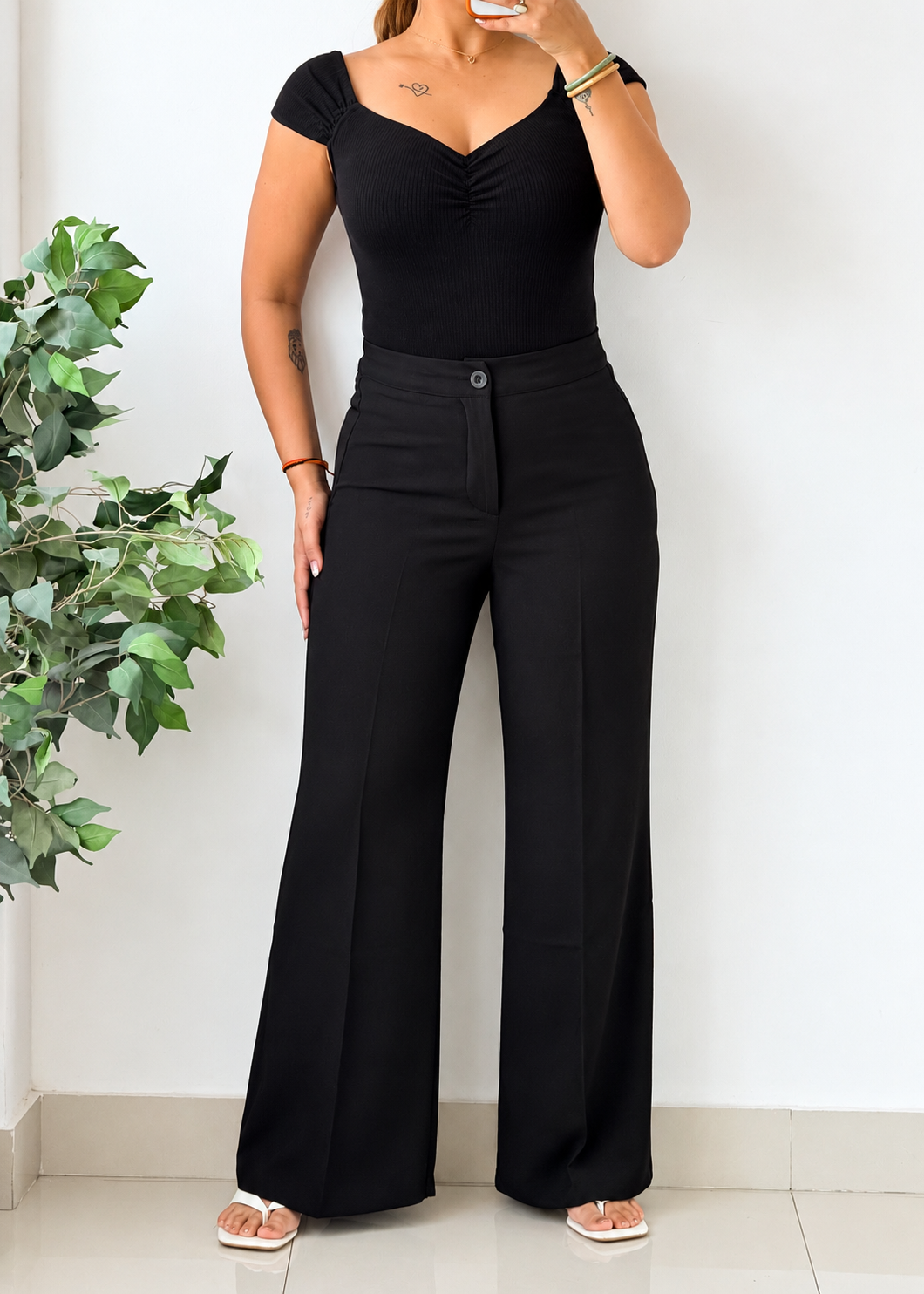 Waist 27 to 34, Black Wide Leg Tailored Pants with Front Pleats