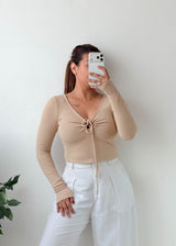 Size M-L Beige Tie-Front Ribbed Top