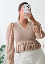 Size XS-S Beige Peplum V-Neck Top