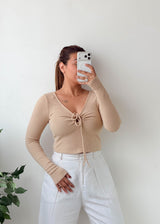 Size M-L Beige Tie-Front Ribbed Top