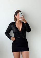Size XS-S Black Glitter Wrap Bodysuit