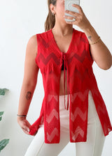 Free Size Red Printed Longline Tie-Front Vest Top