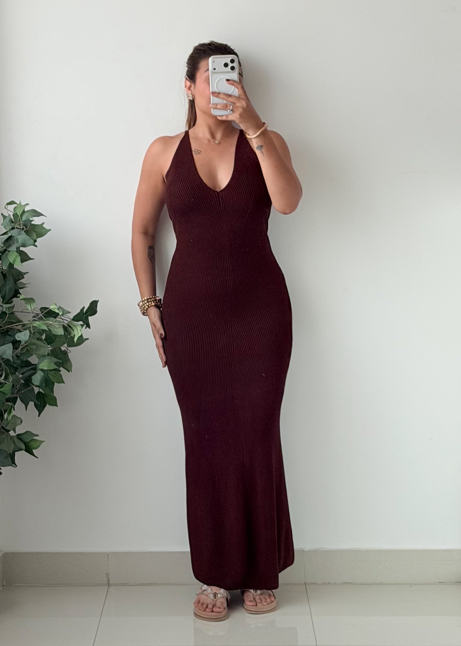 Size XS-M Brown Crochet Ribbed Halter Neck Maxi Dress