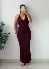 Size XS-M Brown Crochet Ribbed Halter Neck Maxi Dress