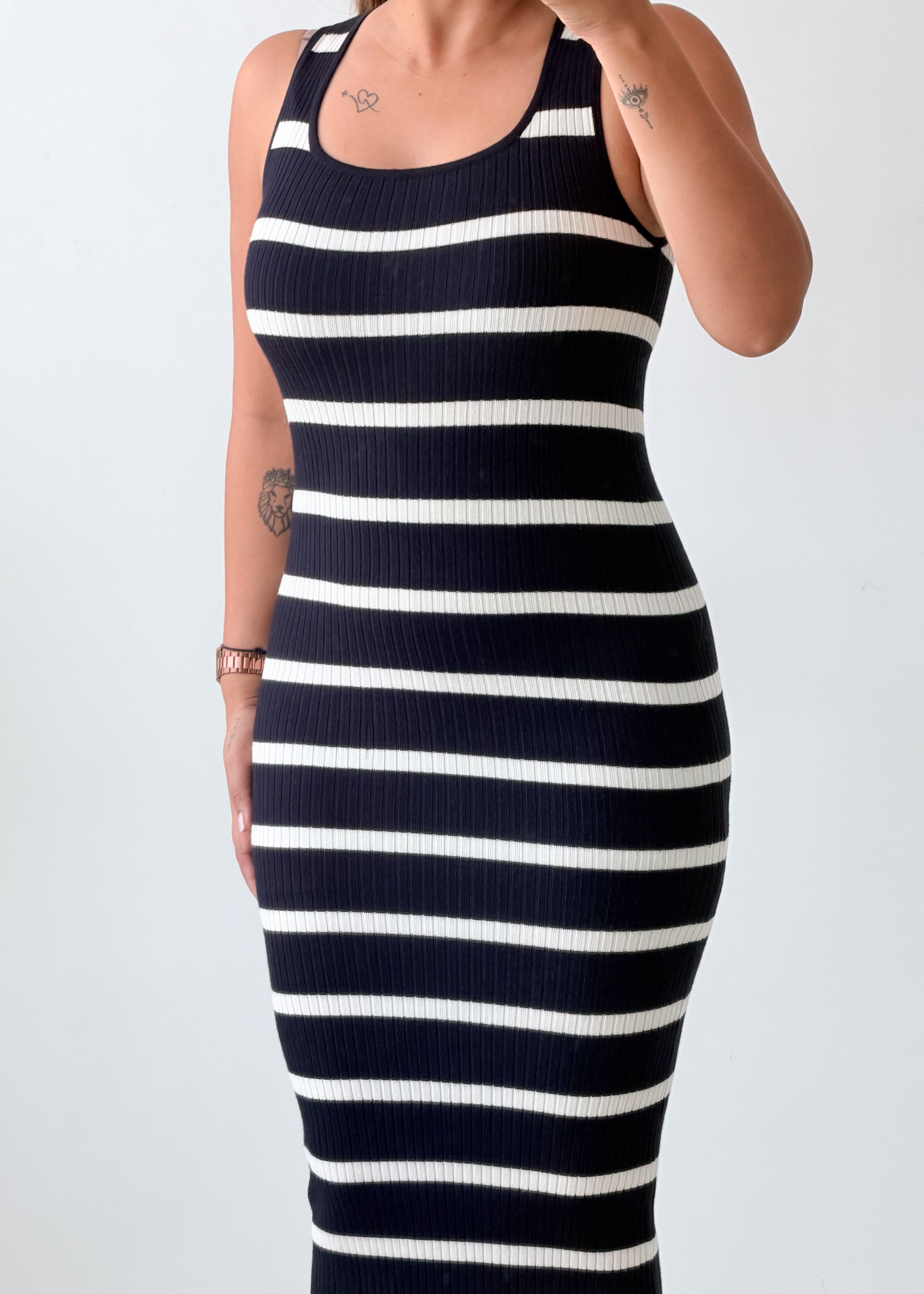 Size XS-S Black White Striped Ribbed Midi Dress