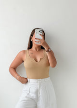Size M-L Beige Notch Neck Bodysuit