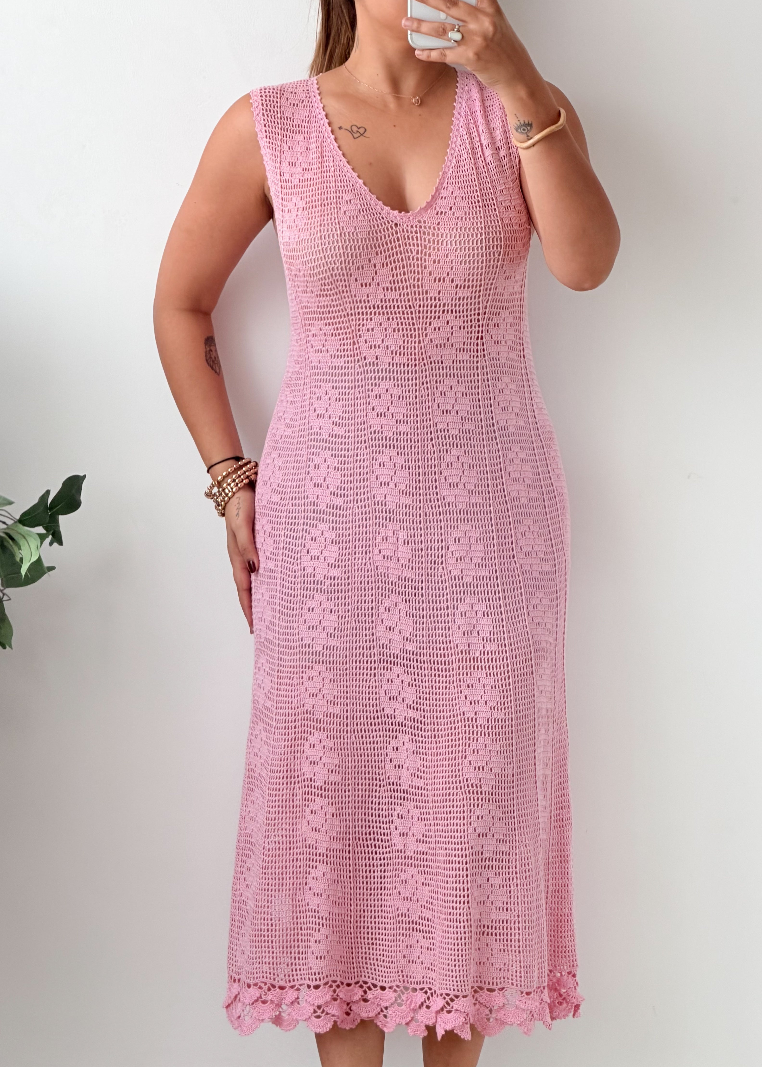Size S-M Pink Floral Crochet Midi Dress