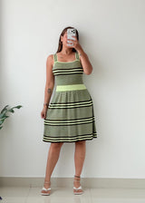 Size S-M Sage Green Striped Fit & Flare Midi Dress