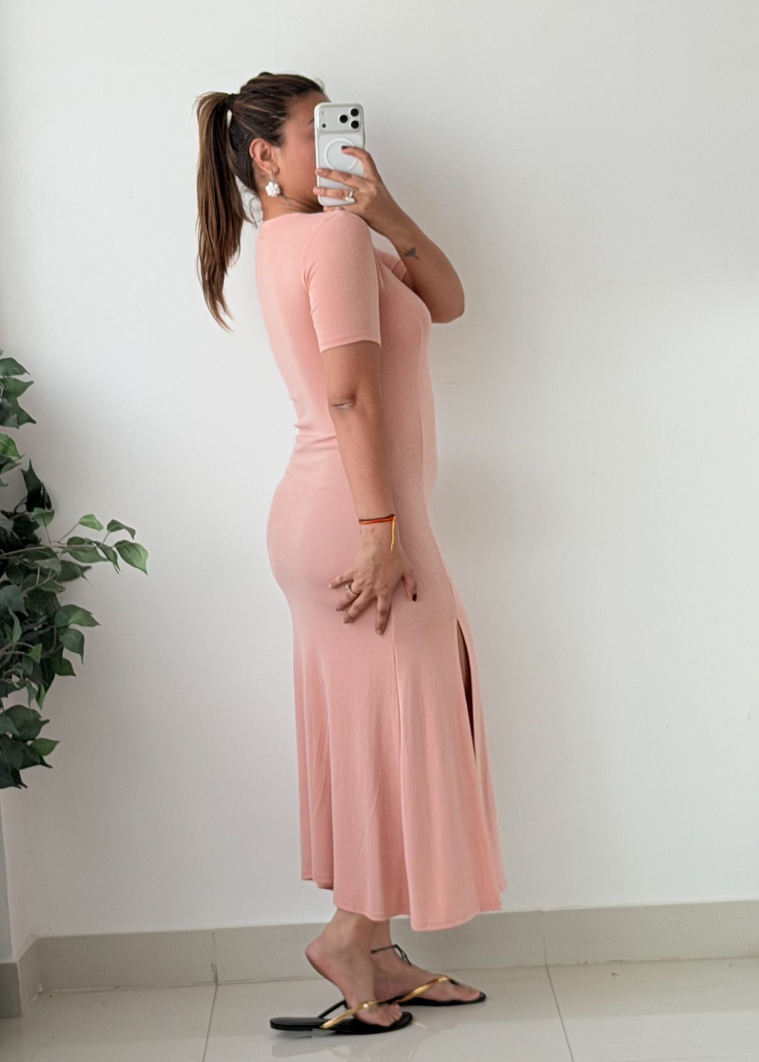 Size XS-S Peach Pink Short Sleeve Slit Maxi Dress