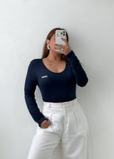 Size M-L Navy Blue Fitted Long Sleeve Top