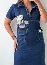 Size XS-S Dark Blue Denim Shirt Midi Dress