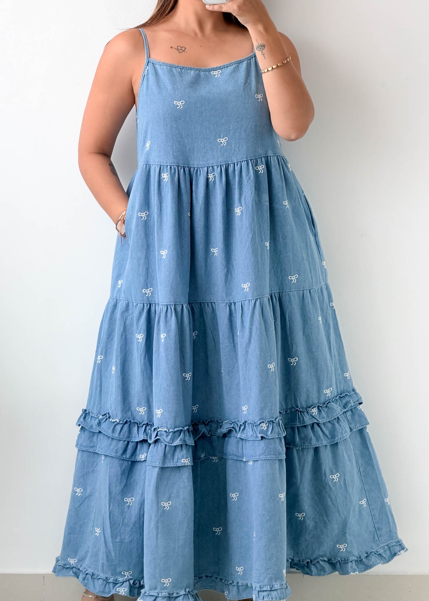 Size M-L Light Blue Embroidered Tiered Dress