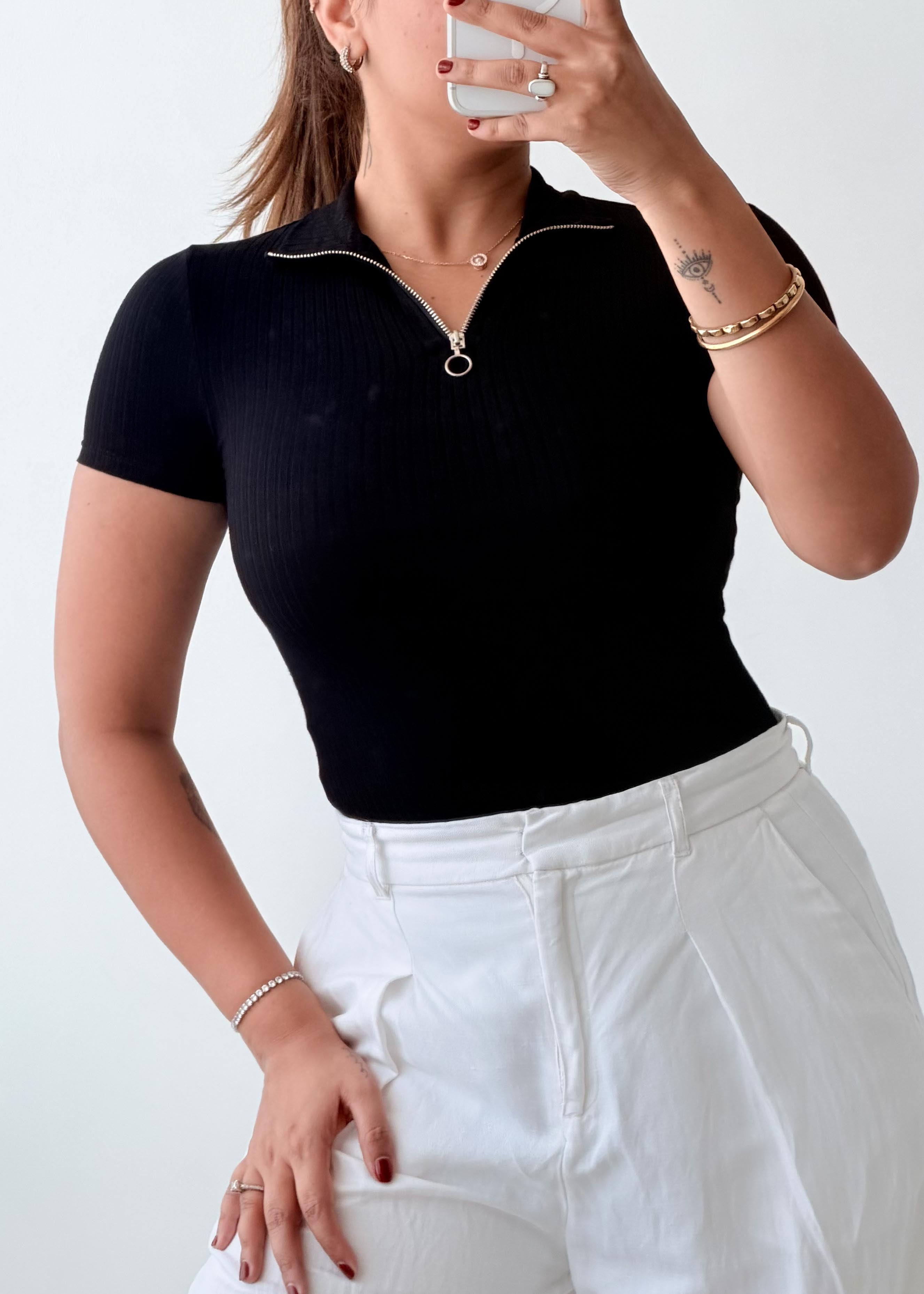 Size XS-S Black Zip-Up Bodysuit