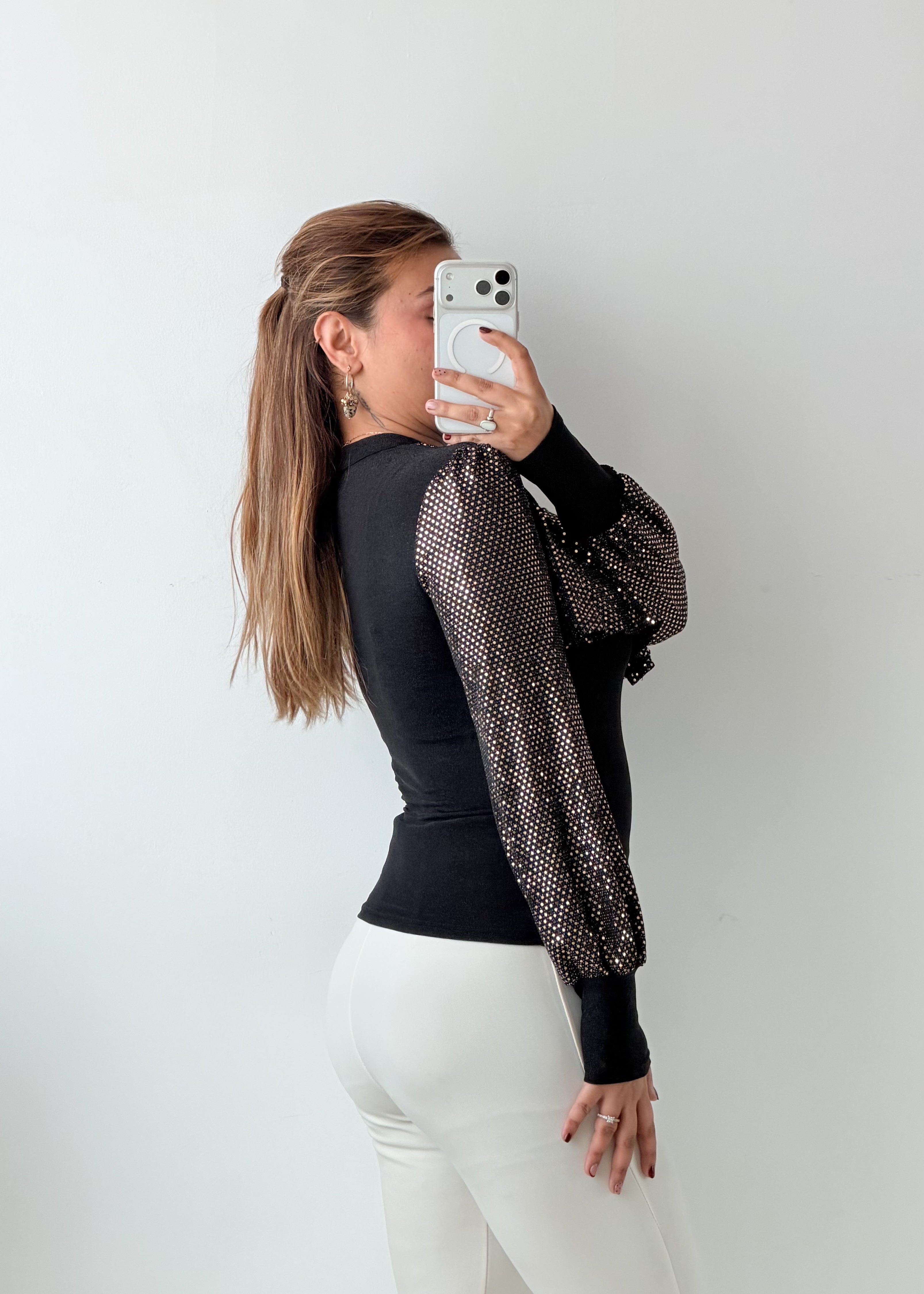 Size S-M Black Metallic Printed Overlay Top