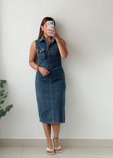 Size XS-S Blue Denim Button Midi Dress