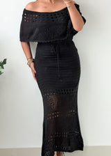 Size M-L Black Off-Shoulder Crochet Maxi Dress
