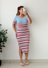 Size S-M Blue Red Striped Ribbed Midi Dress