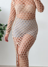 Size XS-S Beige Blue Open-Knit Crochet Maxi Dress