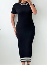 Size M-L Black Ribbed Bodycon Midi Dress