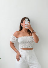 Size XS-S White Off-Shoulder Smocked Crop Top