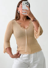Size S-M Beige Ruched Lace-Up Top