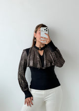 Size S-M Black Metallic Printed Overlay Top