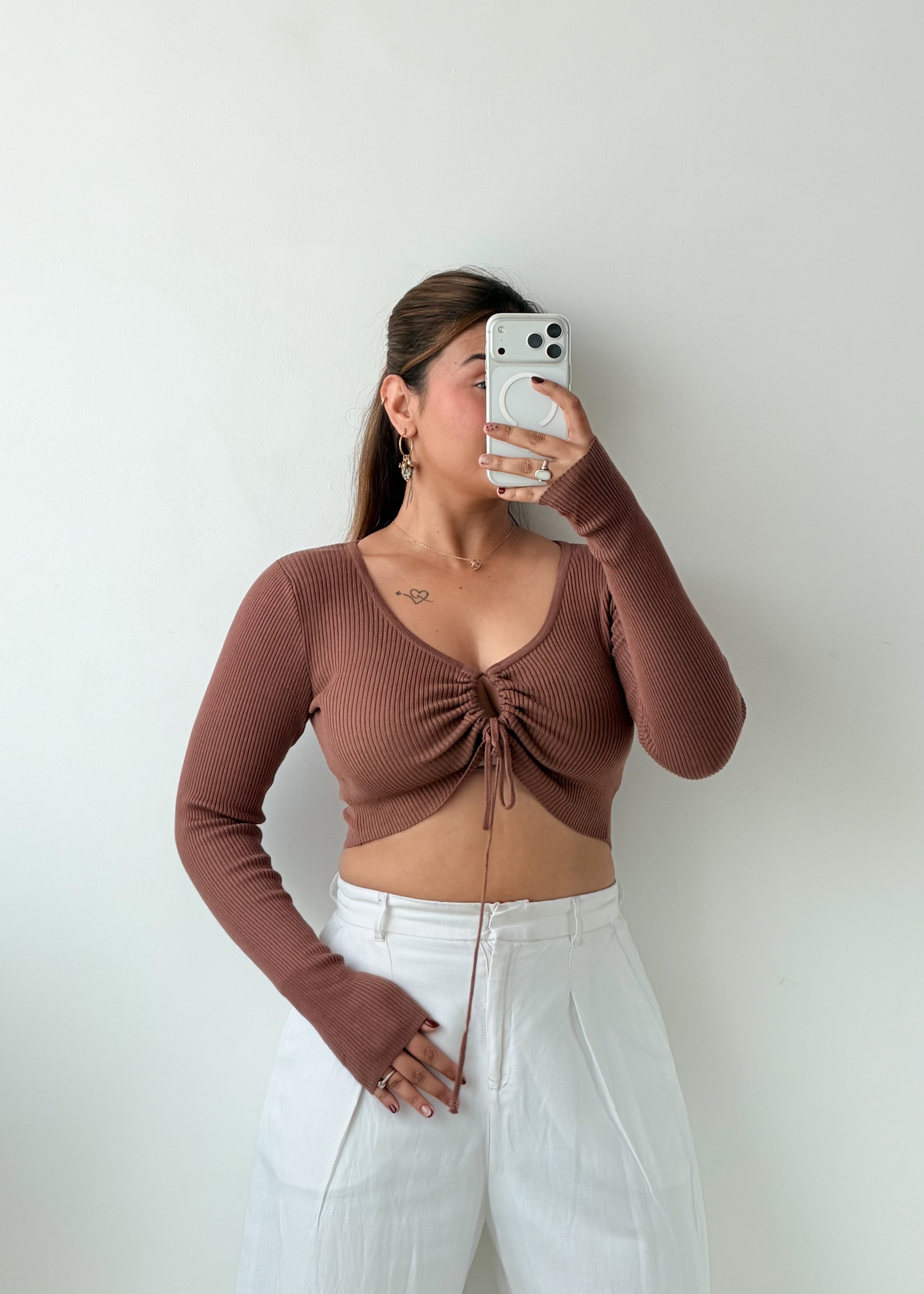 Size S-M Mocha Ruched Crop Top