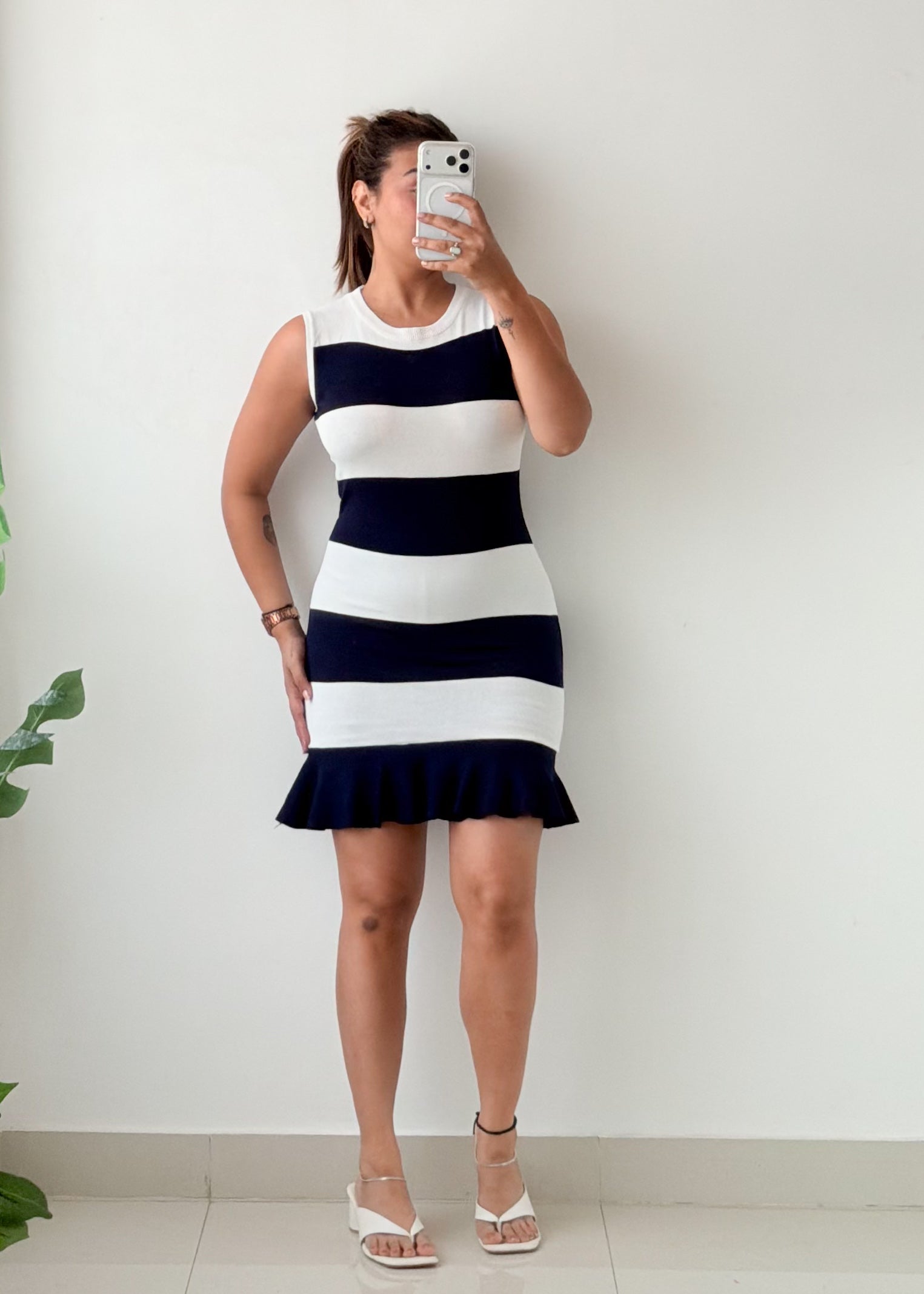 Size XS-M Navy White Striped Knit Mini Dress