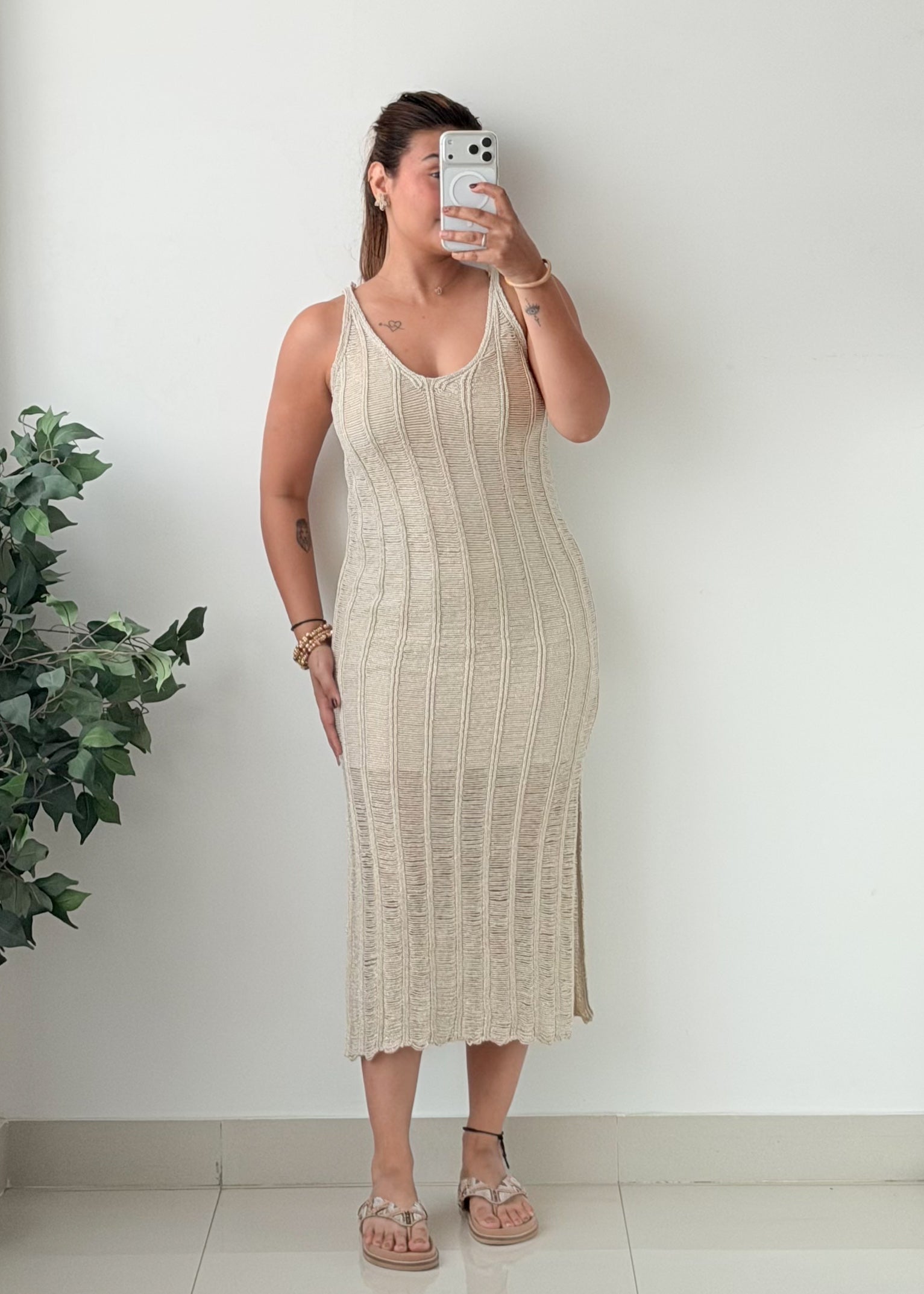 Size XS-S Beige Ribbed Crochet Midi Dress With Lining