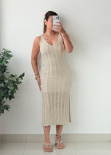 Size XS-S Beige Ribbed Crochet Midi Dress With Lining