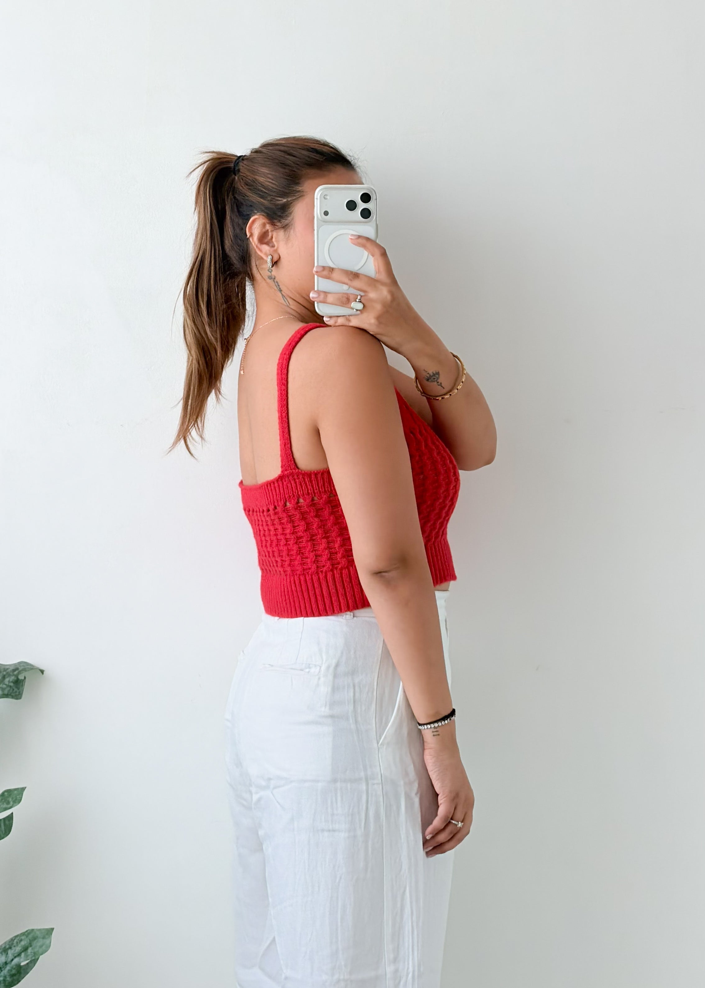 Size M-L Red Textured Knit Crop Top