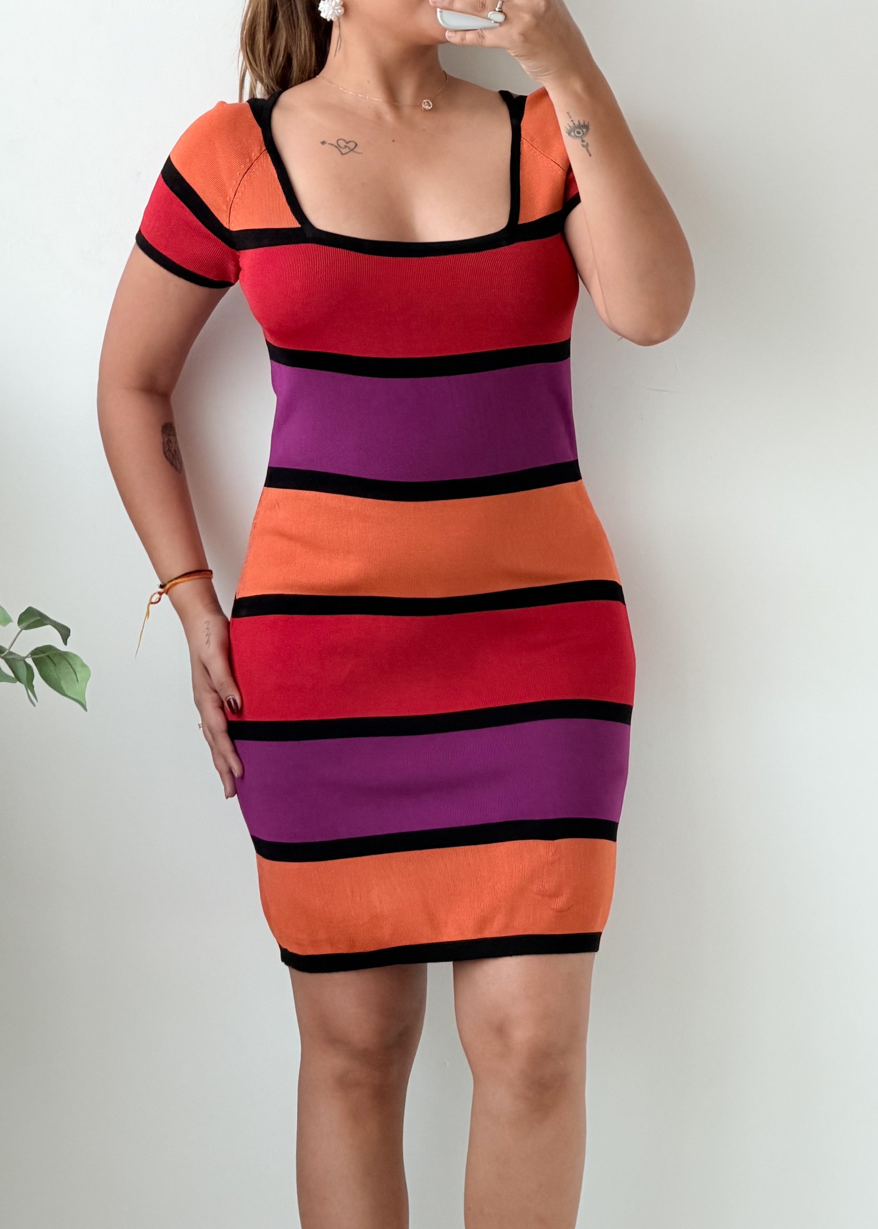 Size M-L Multicolour Striped Square Neck Bodycon Midi Dress