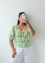 Size S-M Green Floral Puff Sleeve Top