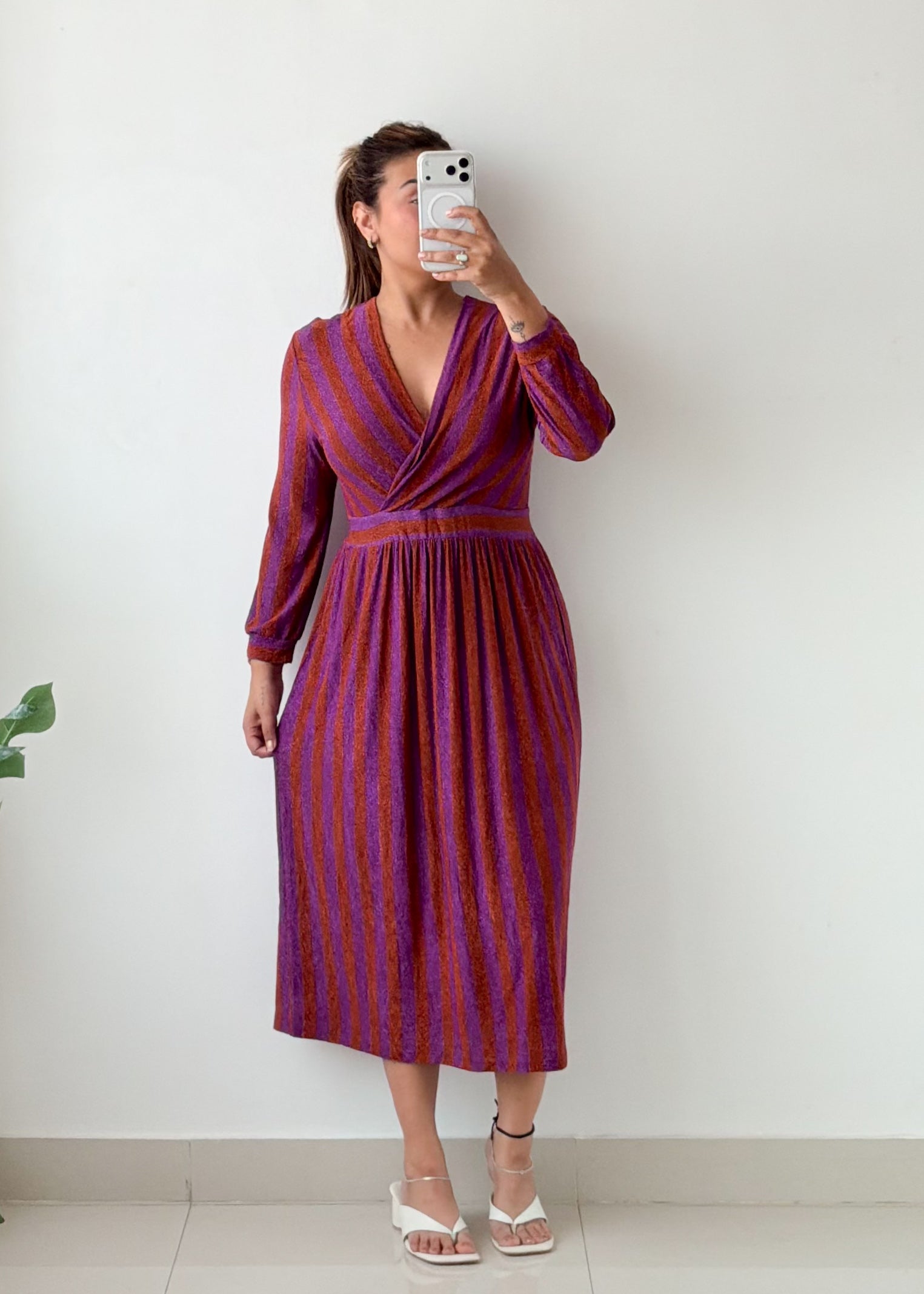 Size M-L Purple Rust Striped Wrap Midi Dress