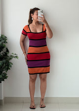Size M-L Multicolour Striped Square Neck Bodycon Midi Dress
