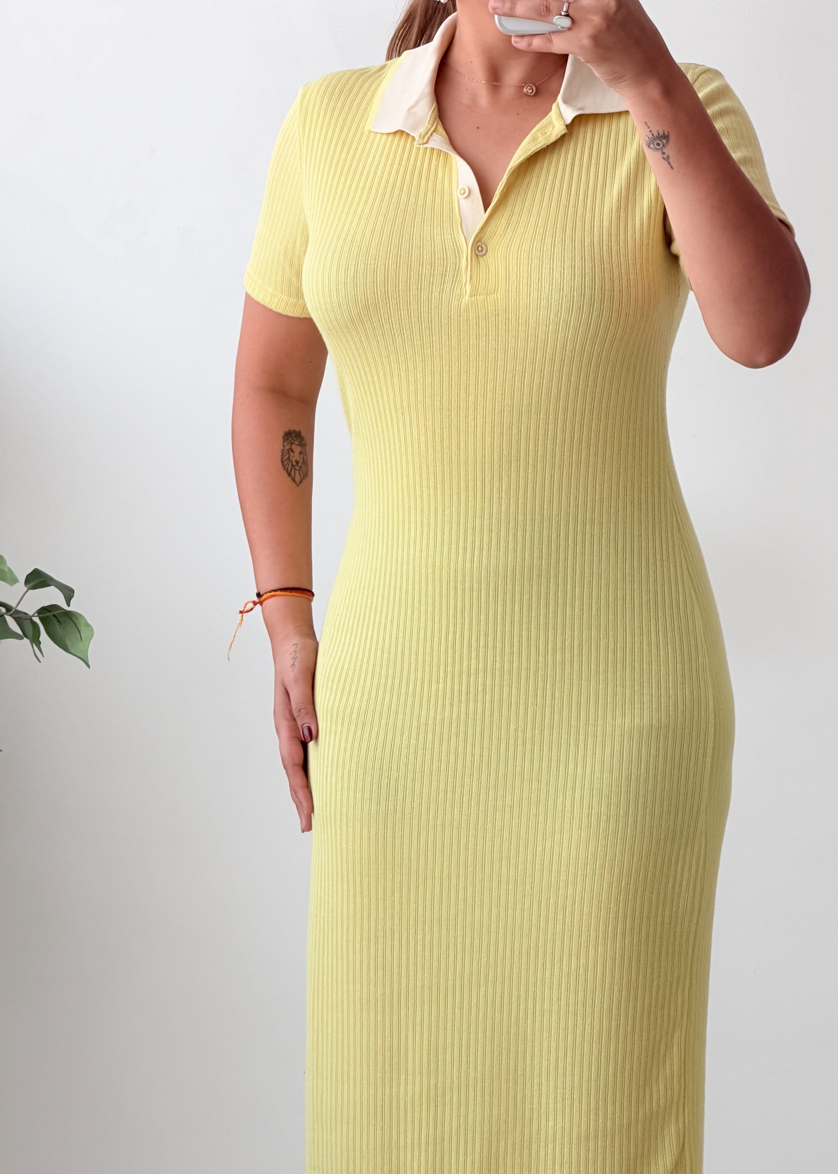 Size S-M Yellow Ribbed Polo Collar Bodycon Midi Dress