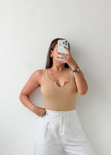 Size M-L Beige Notch Neck Bodysuit