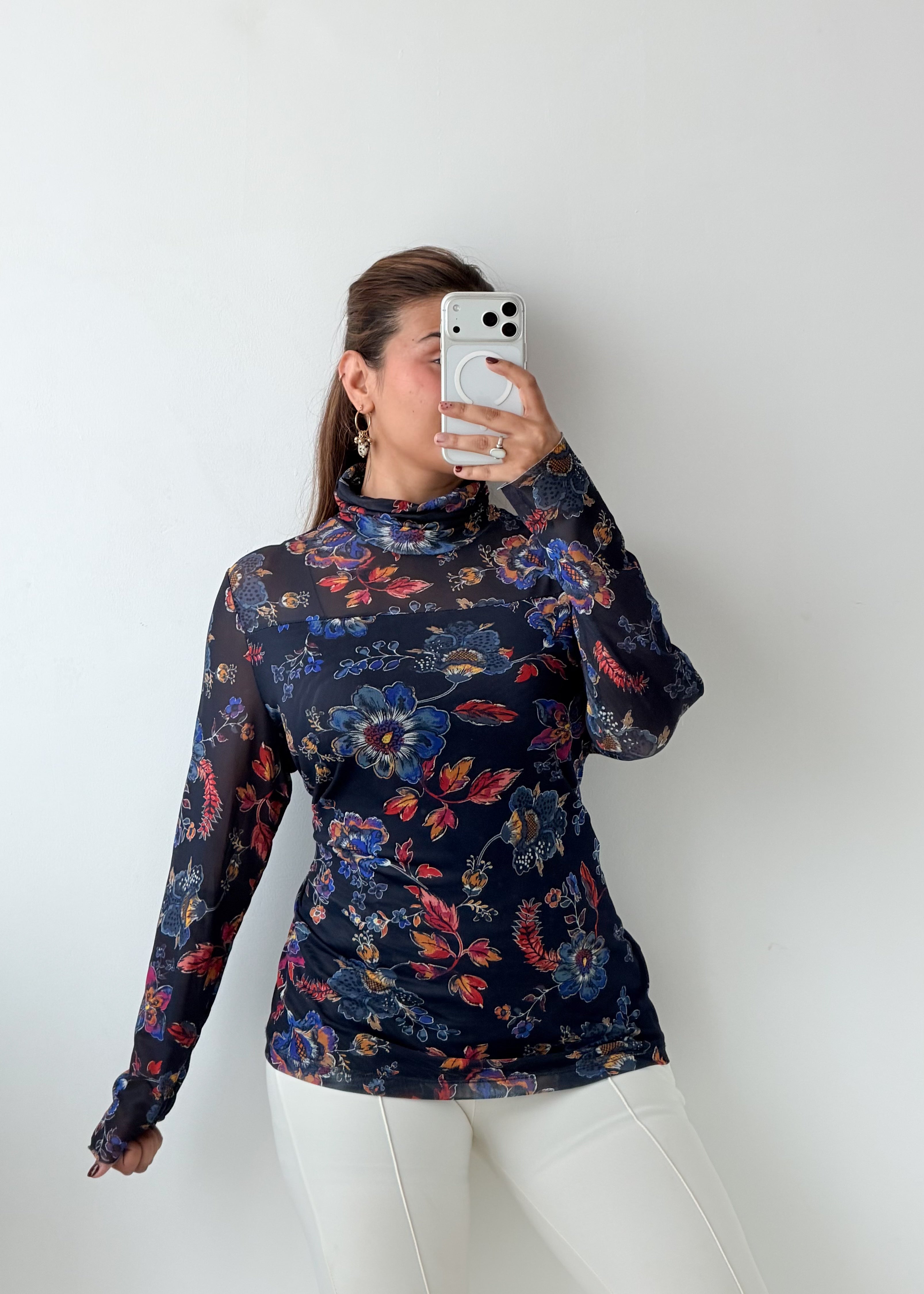 Size L-XL Navy Floral Printed High Neck Top