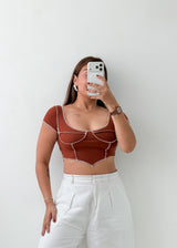 Size XS-S Rust Contrast Seam Crop Top