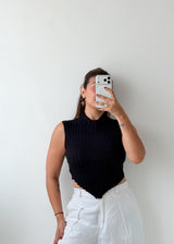 Size S-M Black Ribbed Asymmetric Crop Top