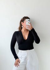 Size XS-S Black Ruched V-Neck Bodysuit