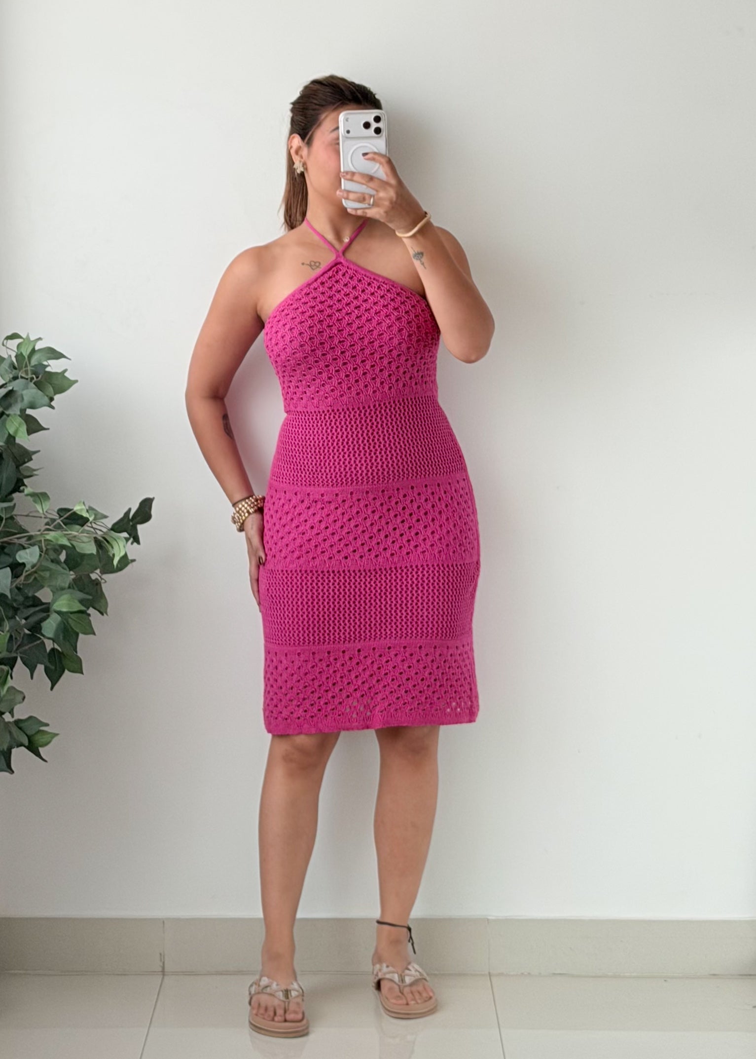 Size M-L Hot Pink Crochet Halter Dress