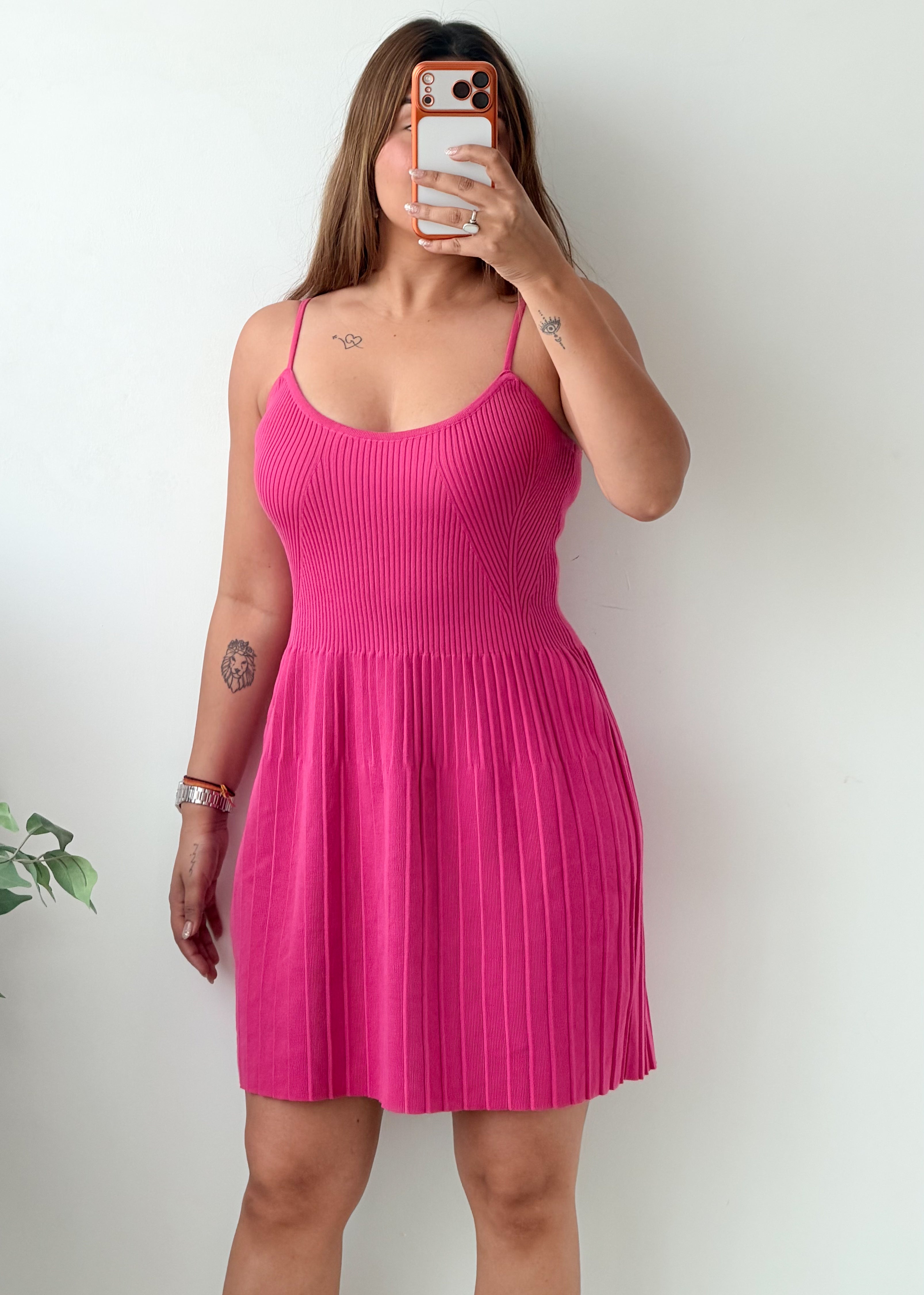 Size S-M Hot Pink Ribbed Spaghetti Strap Skater Mini Dress