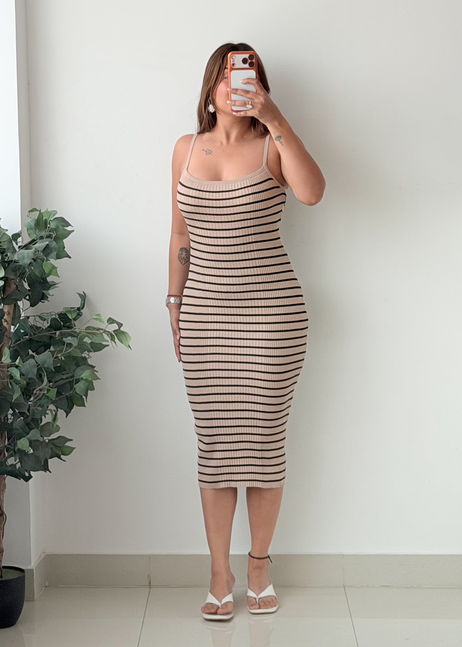 Size S-M Beige Black Striped Spaghetti Strap Midi Dress