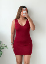 Size S-M Burgundy Sleeveless V-Neck Bodycon Mini Dress