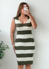 Size S-M Olive Green White Striped Bodycon Midi Dress