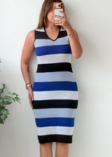 Size S-M Black Blue White Striped V-Neck Bodycon Midi Dress