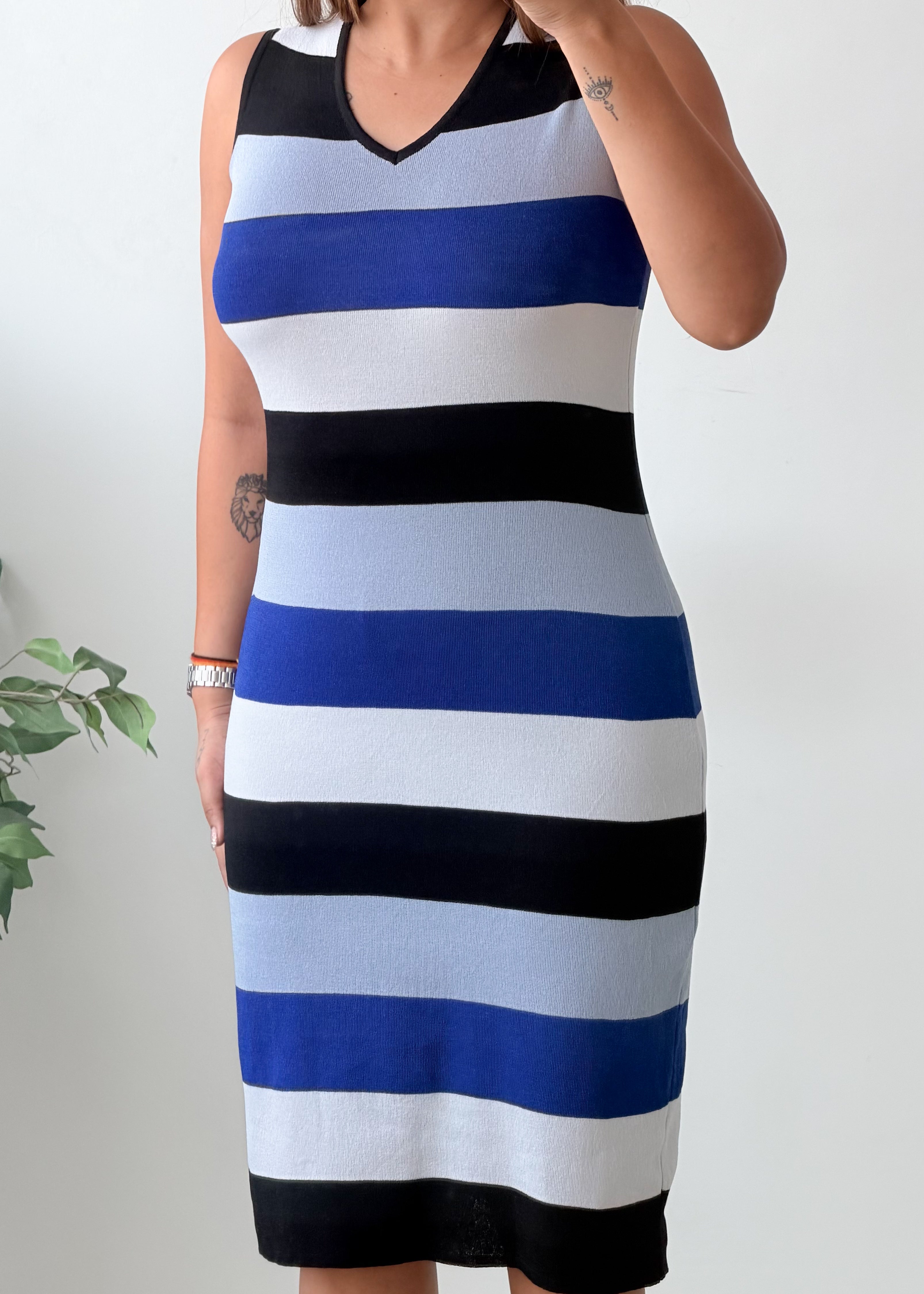 Size S-M Black Blue White Striped V-Neck Bodycon Midi Dress