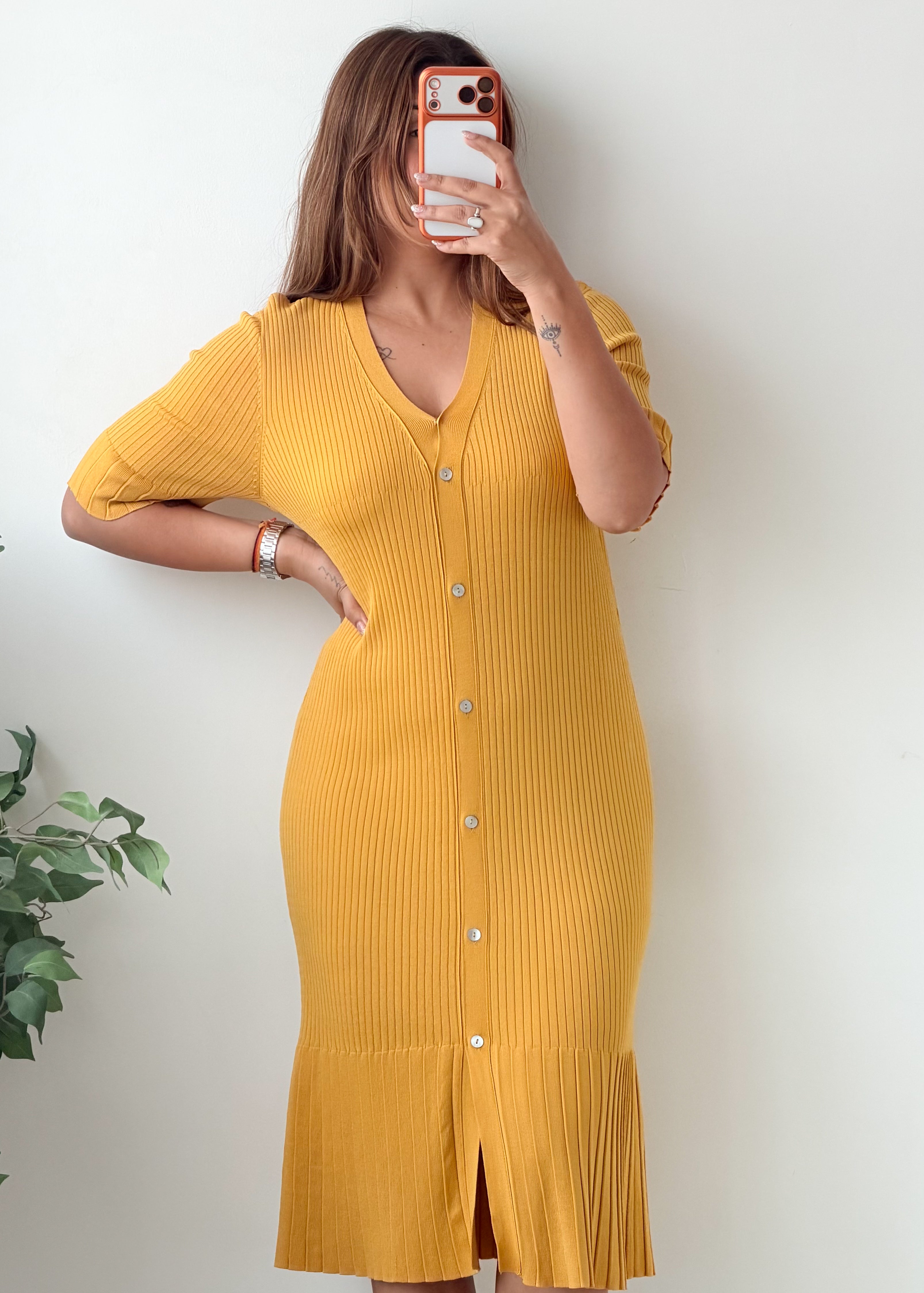 Size M-L Mustard Yellow Button Front Ribbed Midi Dress