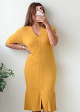 Size M-L Mustard Yellow Button Front Ribbed Midi Dress